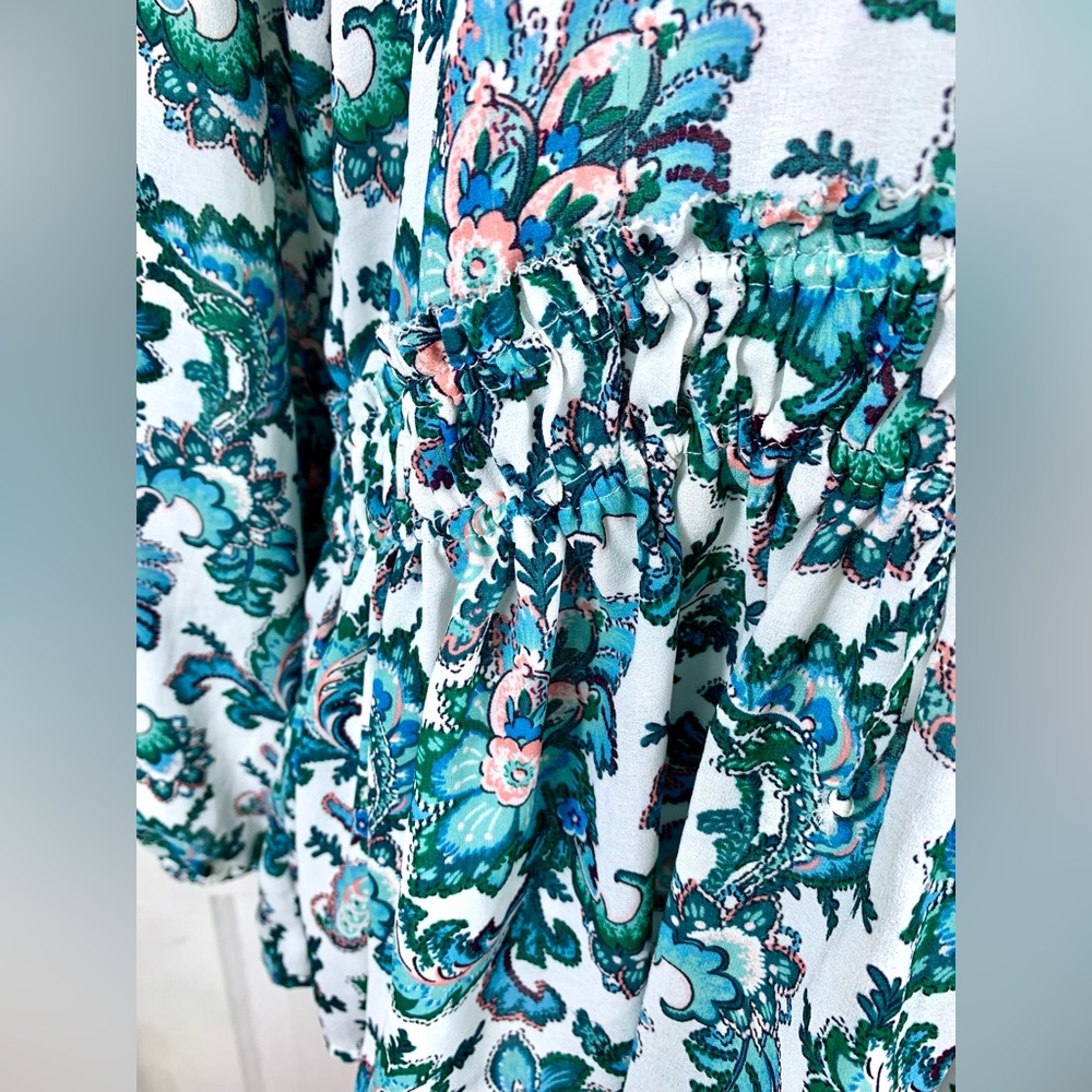Loft Floral Paisley Ruffle Bottom Long-sleeved Blouse w/ String Tie - Picture 5 of 11